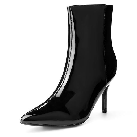 Black Patent Boot Pointy Toe Stiletto Heel Ankle Boots - Picture 2 of 5